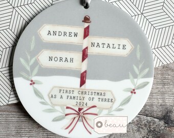 Personalised First Christmas as a family of 3 4 5 6 7 8 gift mummy daddy Signpost Design Nordic Scandi Style  Round Ornament Keepsake