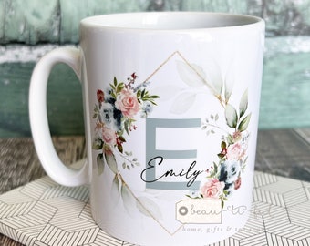 Personalised Name and initial Blue Blush Floral Eucalyptus Greenery Ceramic Mug - Tea mug - coffee Mug - Gift mug