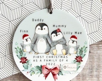Personalised 1st First Christmas as family of 3 4 5 Penguin Mummy Daddy Mammy Mommy Baby Greenery Acrylic Or ceramic Ornament Keepsake