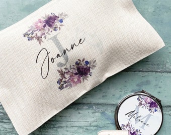 Personalised Name and initial Mauve Floral Design Linen style Fabric Make up Bag Birthday gift for her mum sister friend