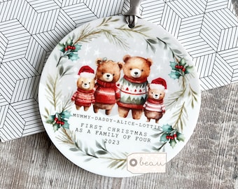Personalised 1st First Christmas as a family of 3 4 5 Bear Mummy Daddy Mammy Jumpers Greenery Design Acrylic Or ceramic Ornament Keepsake