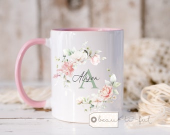 Personalised Friend gift Birthday gift … Name and initial pink Greenery Wreath Ceramic Mug Tea mug coffee Mug - Gift mug