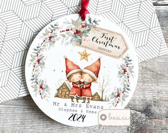 Personalised First Christmas gift Married Wedding gift Mr Mrs Newlywed Botanical Pixies Elf Greenery Ceramic or Acrylic Ornament Keepsake