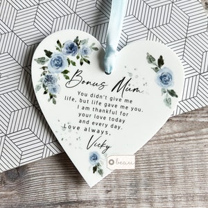 Personalised Bonus Mum Mom Stepmum stepmom Like a mum Thank you Quote Pale blue rose Greenery Acrylic heart Ornament Wedding Keepsake