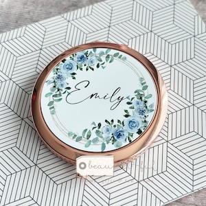 Personalised Name pale blue floral Round Rose Gold Compact Pocket Mirror Keepsake Gift for her Something blue Friend Bridesmaid gift bride