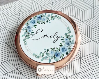 Personalised Name pale blue floral Round Rose Gold Compact Pocket Mirror Keepsake Gift for her Something blue Friend Bridesmaid gift bride