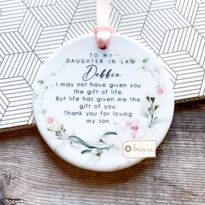 Personalised Daughter in law Pink floral Greenery Ceramic or Acrylic Round Decoration Ornament Keepsake
