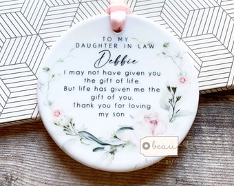 Personalised Daughter in law Pink floral Greenery Ceramic or Acrylic Round Decoration Ornament Keepsake