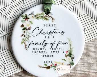 Personalised First Christmas as a family of 5 Mummy Daddy Mammy Mommy New Baby Botanical Greenery Ceramic or Acrylic Round Ornament Keepsake