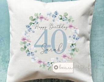 Personalised Special Happy Birthday gift Age Milestone 18 21 30 40 50 60 70 80 90 Blue Floral Design Home Quote Linen Style Cushion cover