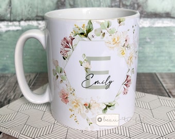 Personalised Name and initial Roses Floral Eucalyptus Greenery Ceramic Mug - Tea mug - coffee Mug - Gift mug