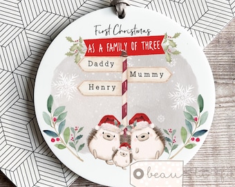 Personalised 1st First Christmas as a family of 3 4 5 Family Christmas gift Hedgehog Mummy Daddy Greenery Bauble Ornament Keepsake Tree