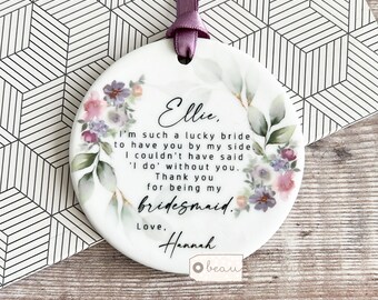 Personalised Thank you Bridesmaid Flower Girl Maid of Honour purple Floral Ceramic or Acrylic Round Decoration Ornament Wedding Keepsake