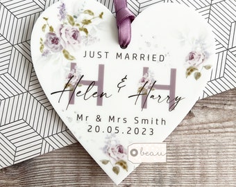 Personalised Just Married Gift Mr & Mrs Wedding Gift Newlyweds Lilac Roses Greenery Acrylic Heart Decoration Ornament Keepsake