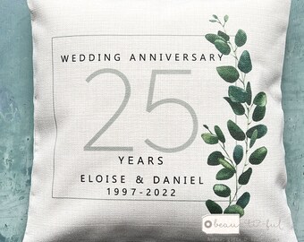 Personalised Names Wedding anniversary 25th 50th 1st Home Quote greenery Design Home Quote Linen Style Cushion cover