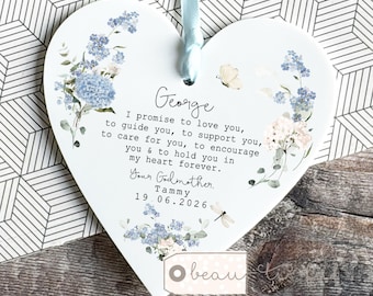 Personalised Promise to Godchild Christening Baptism Gift Godparents Godmother Godson Goddaughter Floral Heart Ornament Keepsake Auntie