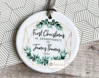 Personalised First Christmas as Grandparents Gran Grandma Nanna New Baby Botanical Greenery Ceramic  or Acrylic Round Ornament Keepsake