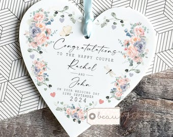 Personalised Just Married Gift Mr & Mrs Wedding Gift Newlyweds Peach Blue Roses Greenery Acrylic Heart Decoration Ornament Keepsake