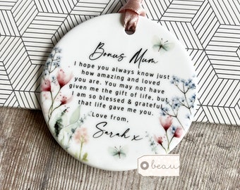 Personalised Bonus Mum Mom Stepmum stepmom Like a mum Thank you Quote Greenery Ornament Wedding Keepsake