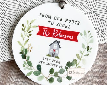 Personalised Christmas gift From our house to yours wreath Friend gift Greenery Ceramic or acrylic Round Ornament Keepsake