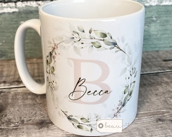 Personalised Name and initial pink Greenery Wreath Ceramic Mug - Tea mug - coffee Mug - Gift mug