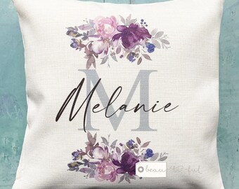 Personalised Name Mauve Floral Design Home Quote Linen Style Cushion cover