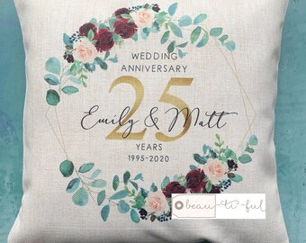 Personalised Names Wedding anniversary 25th 50th 1st Home Quote greenery Burgundy Design Home Quote Linen Style Cushion cover