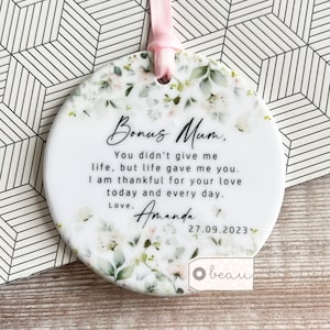 Personalised Bonus Mum Mom Stepmum stepmom Gift Like a mum Thank you Floral Greenery Ceramic or acrylic Round Ornament Wedding Keepsake