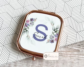 Personalised Name and Initial.. Pretty Purple Blush floral Greenery Square Rose Gold Compact Pocket Mirror Keepsake