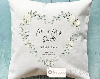 Personalised Wedding Cushion, Mr Mrs Gift, Greenery Design Newlywed Present, Bride Groom present, New couple gift, Just Married, Anniversary