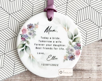 Personalised Mother of Bride Today a Bride Thank you from Bride Purple blush Floral Greenery Ceramic or Acrylic Ornament Wedding Keepsake