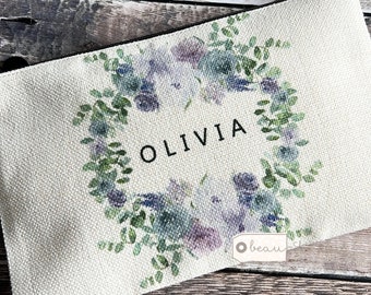 Personalised Name Lilac Purple Floral Design Linen style Fabric Make up Bag Birthday gift for her mum sister friend
