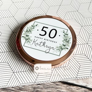 Personalised Name Age  Milestone 18 21 30 40 50 60 Modern Greenery Round Rose Gold Compact Pocket Mirror Keepsake