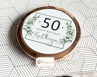Personalised Name Age  Milestone 18 21 30 40 50 60 Modern Greenery Round Rose Gold Compact Pocket Mirror Keepsake