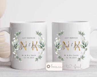 Personalised Wedding gift Mr & Mrs Bride Groom Just Married Gift Mug Greenery Wreath Gift set Ceramic Mug Tea mug coffee Mug Gift mug