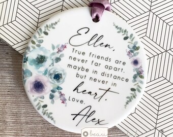 Personalised True friends are never far apart Quote Mauve Mint floral Design Ceramic Round Decoration Ornament Wedding Keepsake