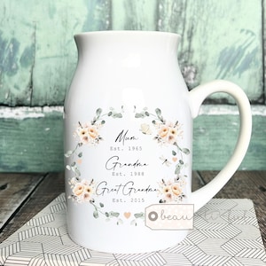 Personalised Mum, Grandma, Great Grandma gift Nanna Nanny Gran Granny Peach Floral Ceramic Small Vase Jug Mug Birthday gift Mother’s Day