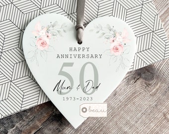 Personalised Wedding Anniversary Names Mr & Mrs 25th 50th 1st 40th 35th Pink Roses Greenery Acrylic heart Decoration Ornament Keepsake