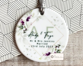 Personalised Just Married Names Mr & Mrs Wedding  gift Purple Lavender Floral Ceramic or Acrylic Decoration Ornament Keepsake
