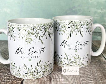 Personalised Wedding gift Mr Mrs Bride Groom Just Married Gift Mug Greenery Wedding role Ceramic Mug - Tea mug - coffee Mug  Gift mug