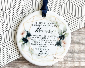 Personalised Future Daughter in law gift Wedding gift Blue Floral Greenery Ceramic or Acrylic Round Ornament Keepsake