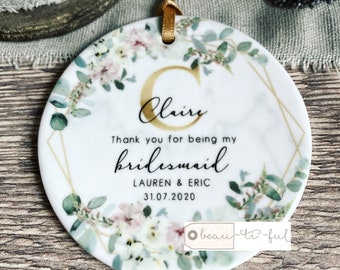 Personalised Thank you Bridesmaid Flower Girl Maid of Honour Floral Geometric Greenery Ceramic or Acrylic Ornament Wedding Keepsake