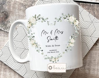 Personalised Wedding Mug gift, Mr Mrs, Bride Groom, Just Married Gift, Greenery Wreath, Gift for couple