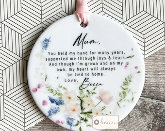 Personalised Mother of Bride Thank you gift You held my hand Quote Floral Ceramic or Acrylic Round Decoration Ornament Wedding Keepsake