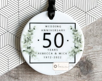 Personalised Wedding Anniversary Names Mr & Mrs 25th 50th 1st Eucalyptus Greenery Ceramic or Acrylic Round Decoration Ornament Keepsake