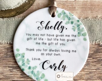 Personalised Bonus Mum Mom Stepmum stepmom Like a mum Thank you Quote Greenery Ceramic Round Ornament Wedding Keepsake