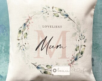 Personalised Loveliest Mum Grandma Friend Teacher Family Relative Home Quote Geometric Greenery Design Home Quote Linen Style Cushion cover