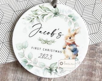 Personalised First Christmas gift Woodland scene Rabbit Tree Acrylic or ceramic Round Ornament Keepsake Tree Decoration Child boy girl gift