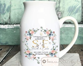 Personalised Wedding gift Newlyweds gift Marriage gift Wedding day gift Bride Groom Floral Ceramic Small Vase Jug Mug Couple gift