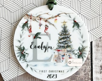 Personalised First Christmas gift Woodland scene Rabbit Tree Acrylic or ceramic Round Ornament Keepsake Tree Decoration Child boy girl gift